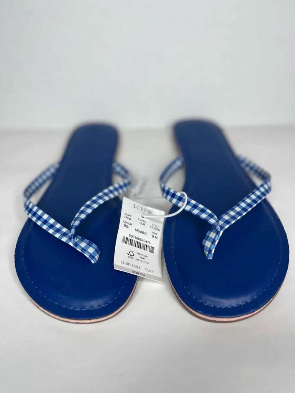 NWT J.Crew Blue Gingham Flip Flop Sandals Size 8 Summer Beach Coastal Chic